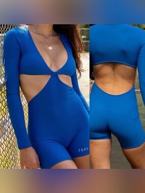 Active by Teal Athletics Tiyana Sold Out Cutout Unitard Romper ribbed blue S